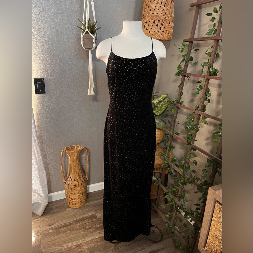 Betsy & Adam Vintage Black Velvet Jeweled Sparkle Maxi Dress Formal Evening Gown - Picture 3 of 17